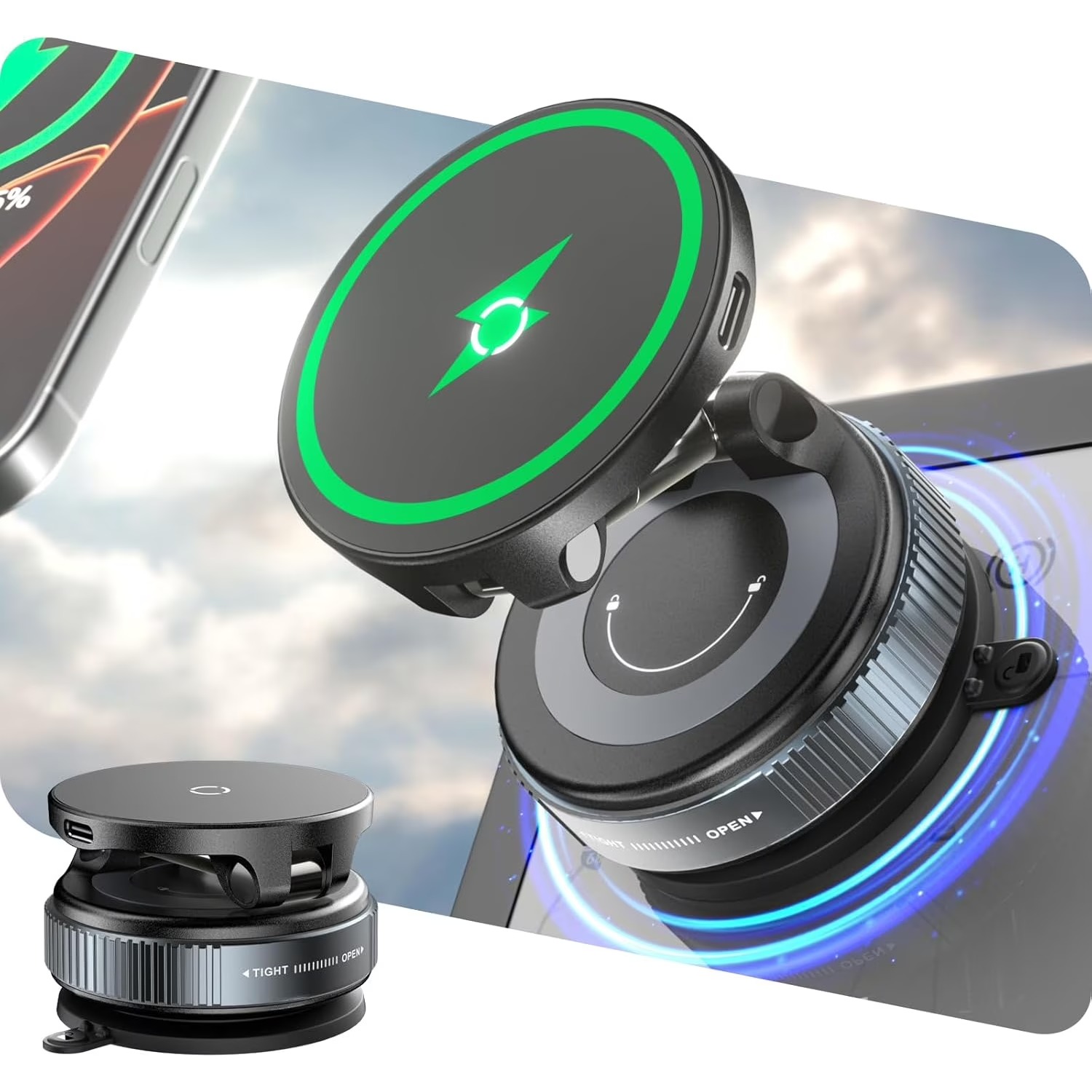 Wireless Car Charger Mount Fast Charging - شاحن لاسلكي سريع للسيارة بقوة 15